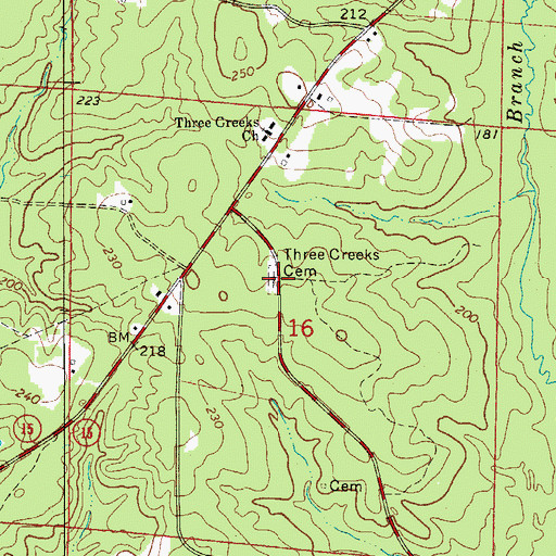 Topographic Map of Three Creeks Cemetery, AR