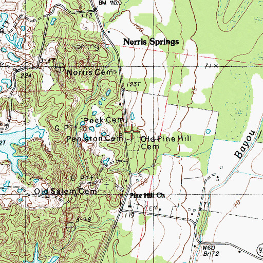 Topographic Map of Old Pine Hill Cemetery, LA