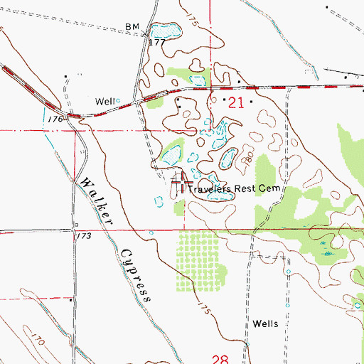 Topographic Map of Travelers Rest Cemetery, AR