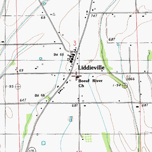 Topographic Map of Boeuf River Baptist Church, LA