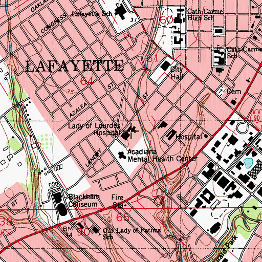 Topographic Map of Our Lady of Lourdes Regional Medical Center, LA