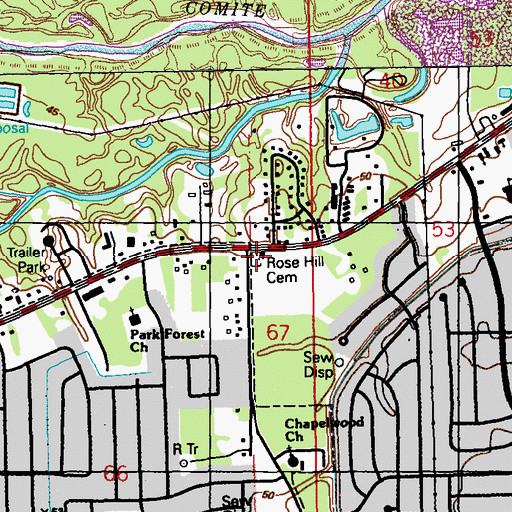 Topographic Map of Rose Hill Cemetery, LA