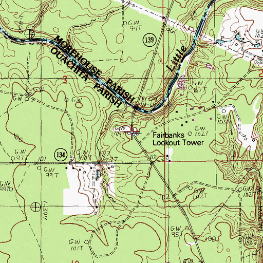 Topographic Map of Fairbanks Lookout Tower, LA