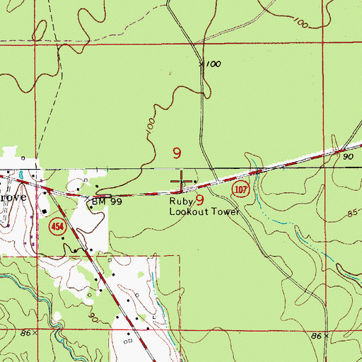 Topographic Map of Ruby Lookout Tower, LA