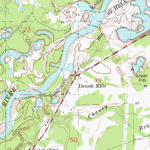 Topographic Map of Dennis Mills, LA