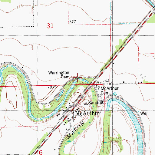 Topographic Map of Warrington Cemetery, AR