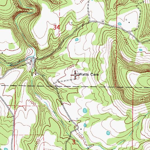 Topographic Map of Watts Cemetery, AR