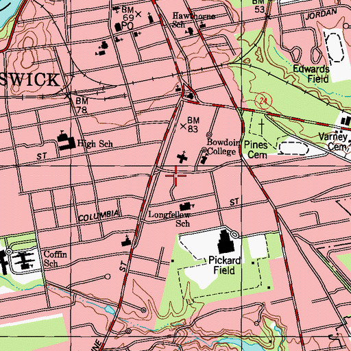 Topographic Map of Bowdoin College, ME