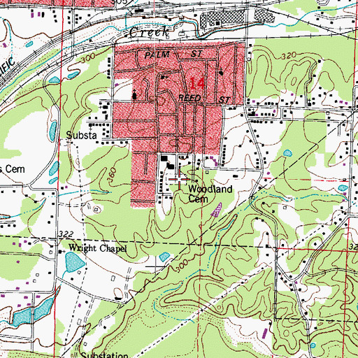 Topographic Map of Woodland Cemetery, AR