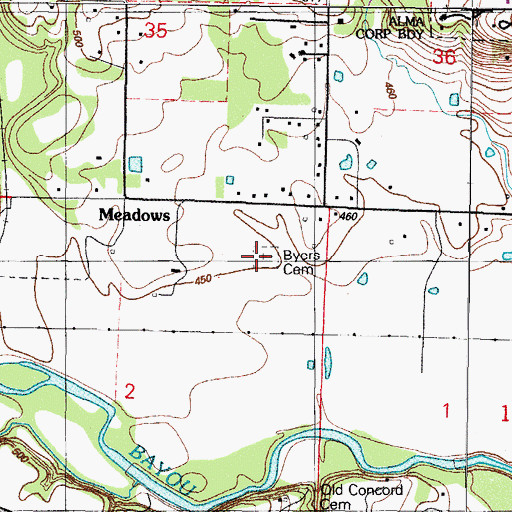 Topographic Map of Byers Cemetery, AR