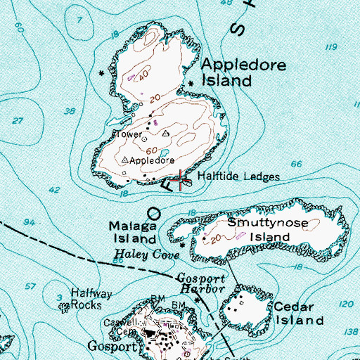 Topographic Map of Halftide Ledges, ME