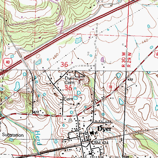 Topographic Map of Dyer Cemetery, AR