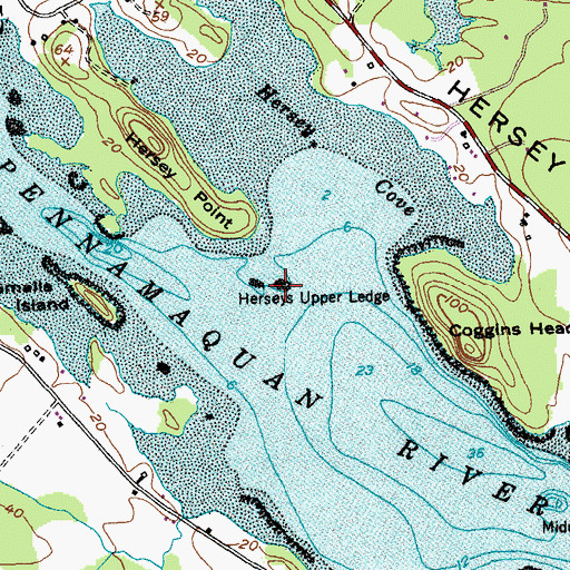 Topographic Map of Herseys Upper Ledge, ME