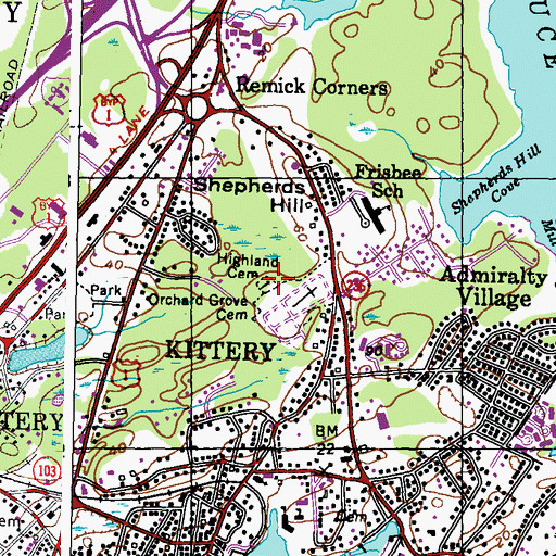 Topographic Map of Highland Cemetery, ME
