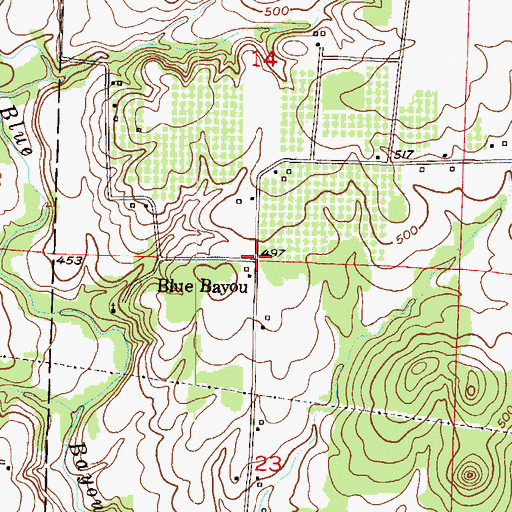 Topographic Map of Blue Bayou, AR