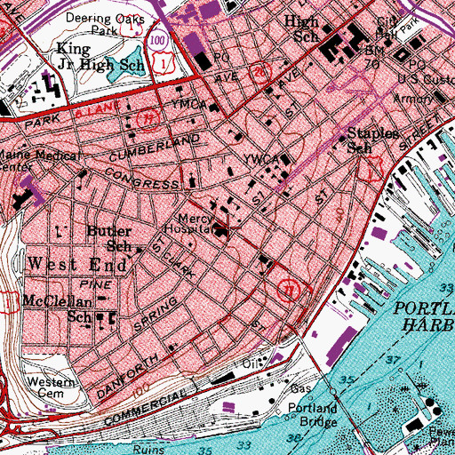 Topographic Map of Mercy Hospital, ME