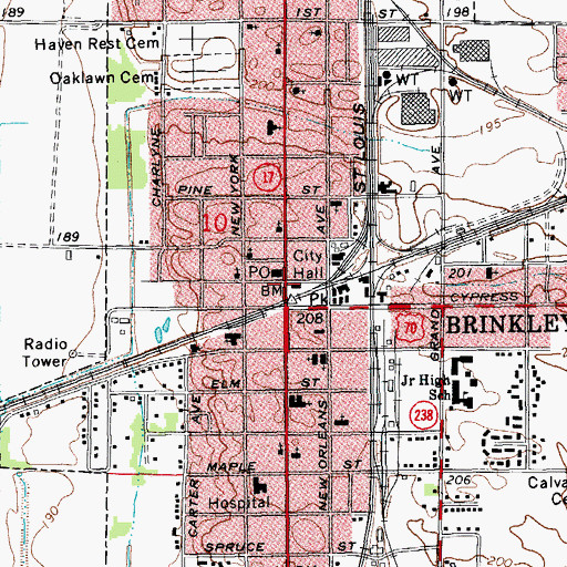 Topographic Map of Brinkley, AR