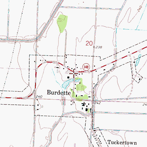 Topographic Map of Burdette, AR