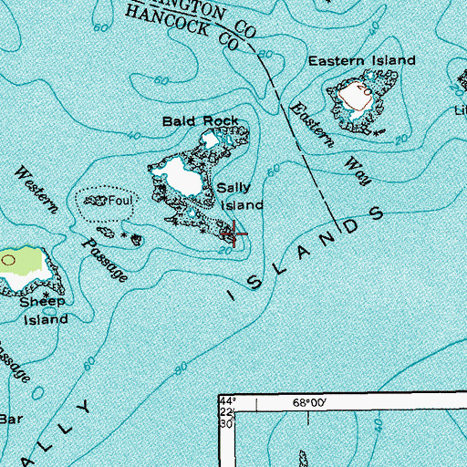 Topographic Map of Sally Islands, ME