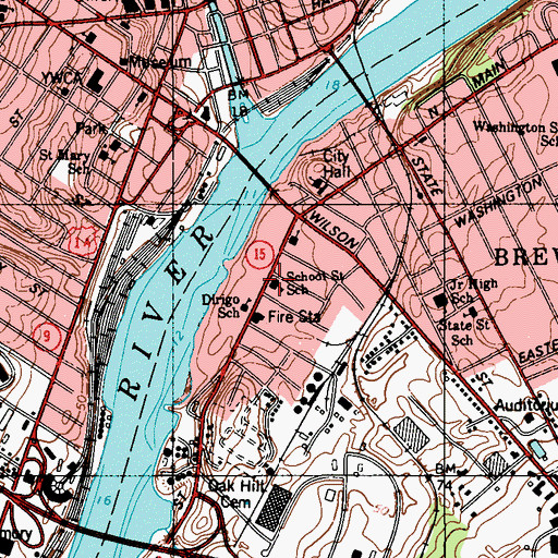 Topographic Map of School Street School, ME