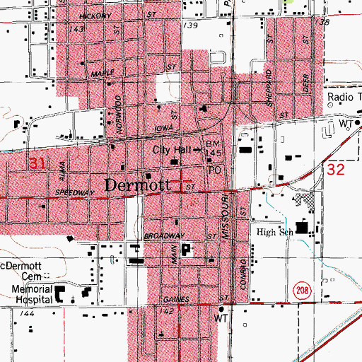 Topographic Map of Dermott, AR