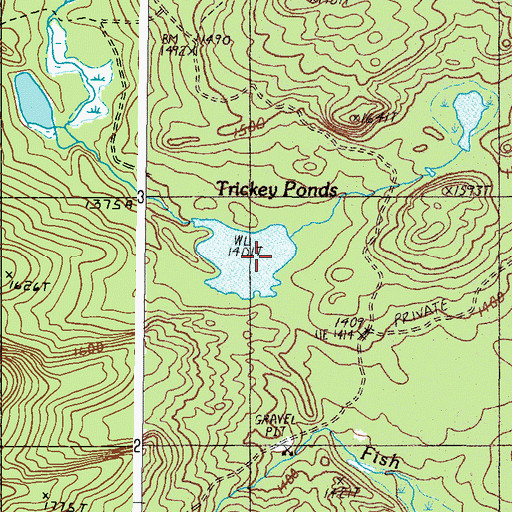 Topographic Map of Trickey Ponds, ME