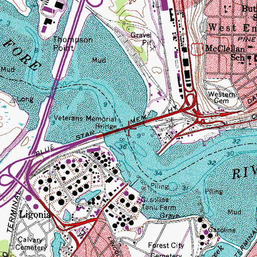 Topographic Map of Veterans Memorial Bridge, ME
