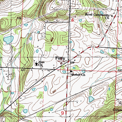 Topographic Map of Furry, AR