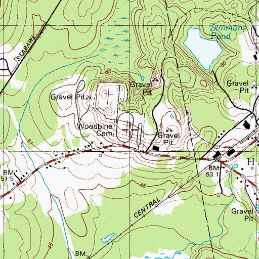 Topographic Map of Woodbine Cemetery, ME