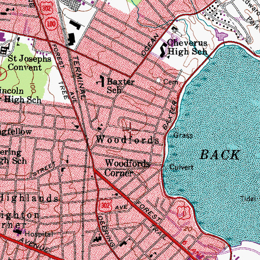 Topographic Map of Woodfords, ME