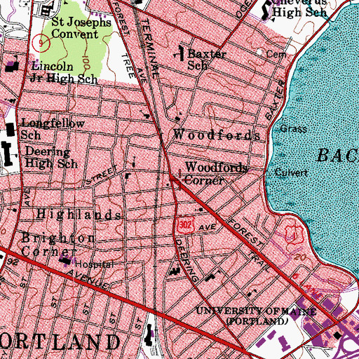 Topographic Map of Woodfords Corner, ME