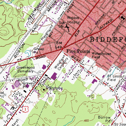 Topographic Map of Woodlawn Cemetery, ME