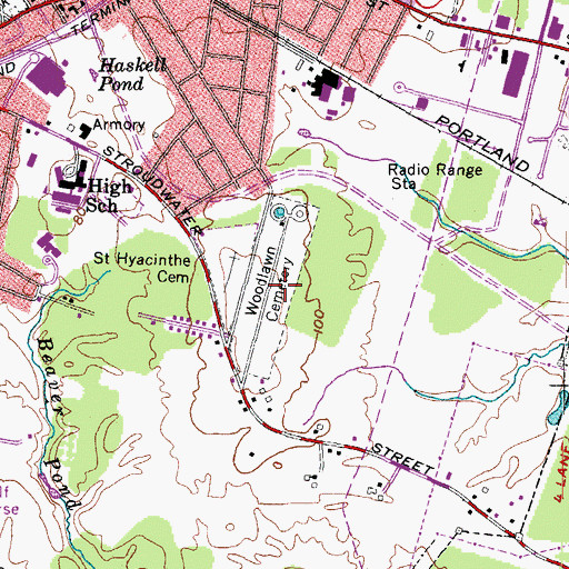 Topographic Map of Woodlawn Cemetery, ME