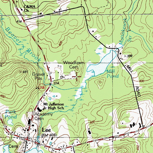 Topographic Map of Woodlawn Cemetery, ME