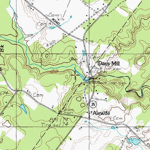 Topographic Map of Days Mill, ME