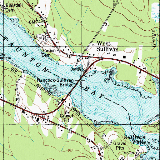 Topographic Map of Hancock-Sullivan Bridge, ME