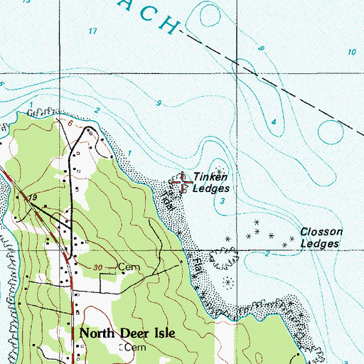 Topographic Map of Tinken Ledges, ME