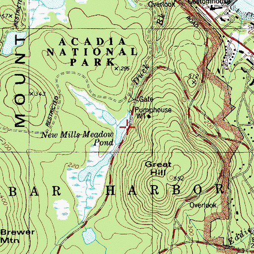 Topographic Map of New Mills Meadow Pond, ME