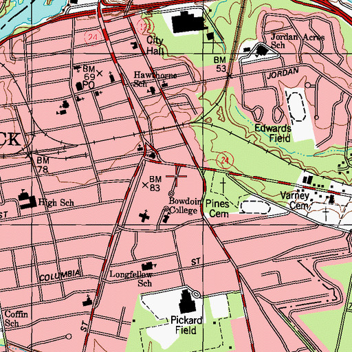 Topographic Map of WBOR-FM (Brunswick), ME