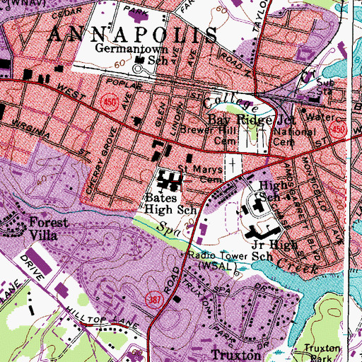 Topographic Map of Wiley Bates Middle School, MD