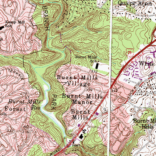 Topographic Map of Burnt Mills Village, MD