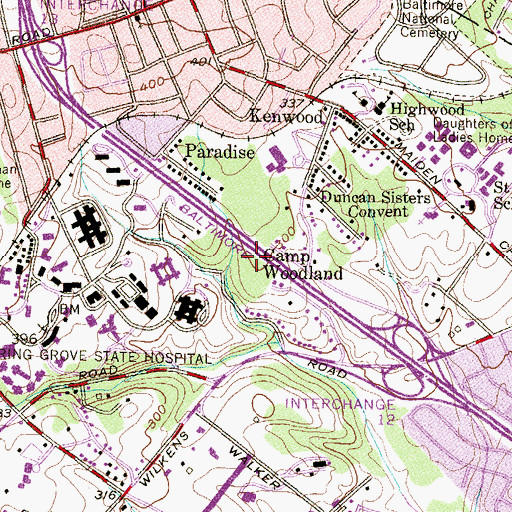 Topographic Map of Camp Woodland, MD