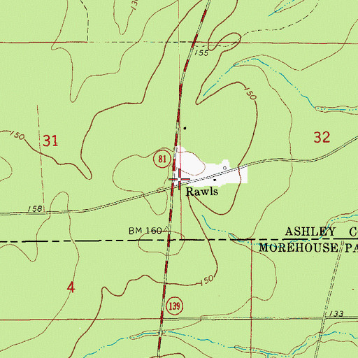 Topographic Map of Rawls, AR