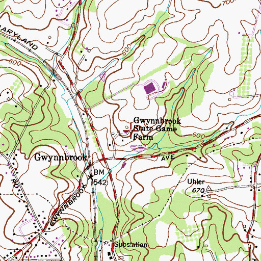 Topographic Map of Gwynnbrook State Game Farm, MD