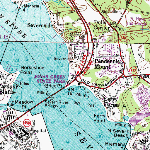 Topographic Map of Jonas Green State Park, MD