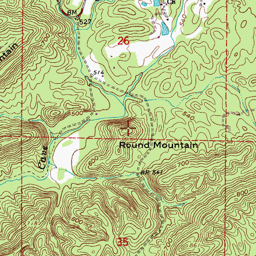 Topographic Map of Round Mountain, AR