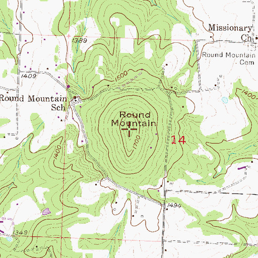 Topographic Map of Round Mountain, AR