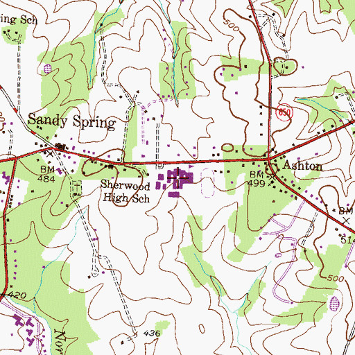 Topographic Map of Sherwood High School, MD