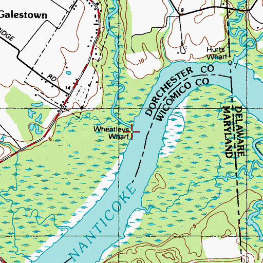 Topographic Map of Wheatleys Wharf, MD