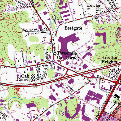 Topographic Map of Threemile Oak Corner, MD